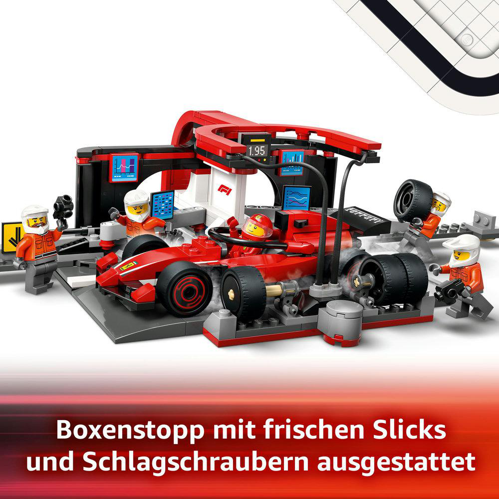 Eine Lego-Rennwagen-Boxenstopp-Szene mit Auto, Crew und Werkzeugen.