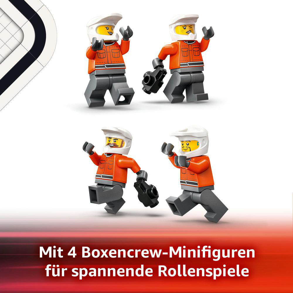 Vier Lego-Crewmitglieder in orangefarbenen Uniformen.