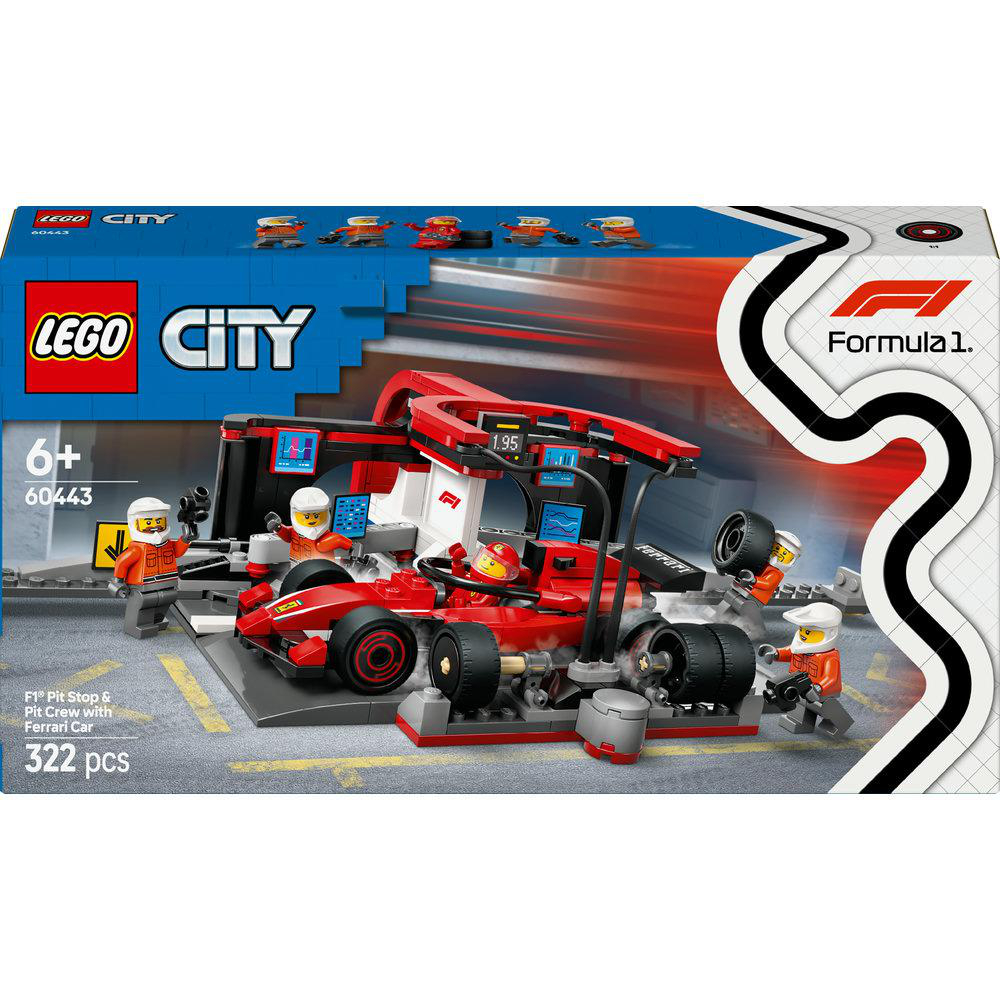 Lego City Set-Box mit einem Rennwagen und Boxencrew-Szene. Text: F1 Boxenstopp & Boxencrew mit Ferrari-Auto.