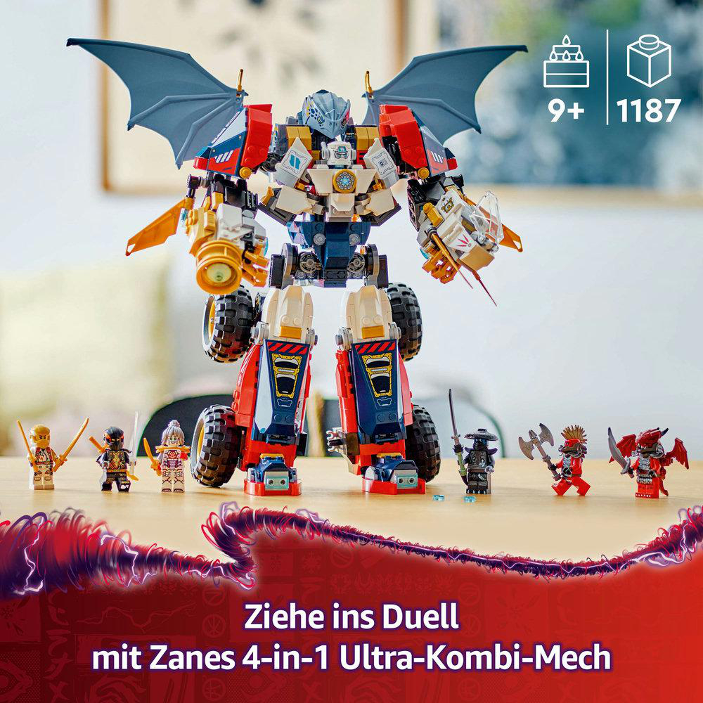 Lego-Set mit großem Mech und kleinen Figuren auf einem Holztisch, darunter Text.