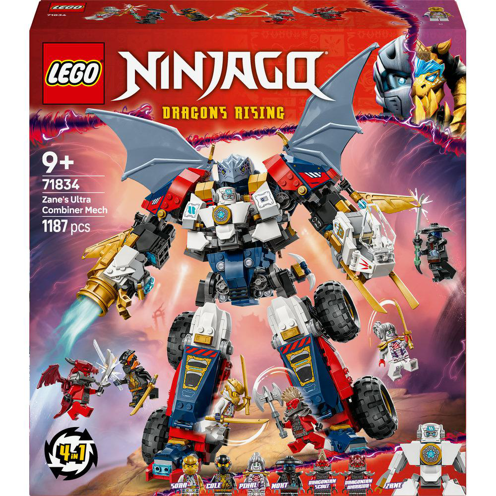 Lego Ninjago Dragons Rising Box, die einen Mech und Ninjas in Aktion zeigt.
