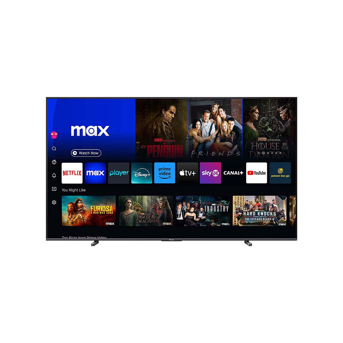 Ekran telewizora wyświetlający aplikacje do strumieniowania, takie jak Netflix, Max i inne.