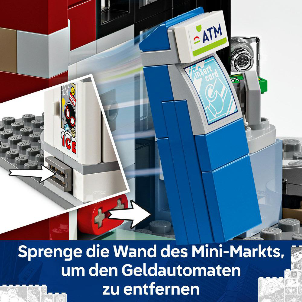 Ein LEGO-Geldautomat in einer Stadtszene, mit einer Einblendung, die Details eines Kartensteckplatzes zeigt.