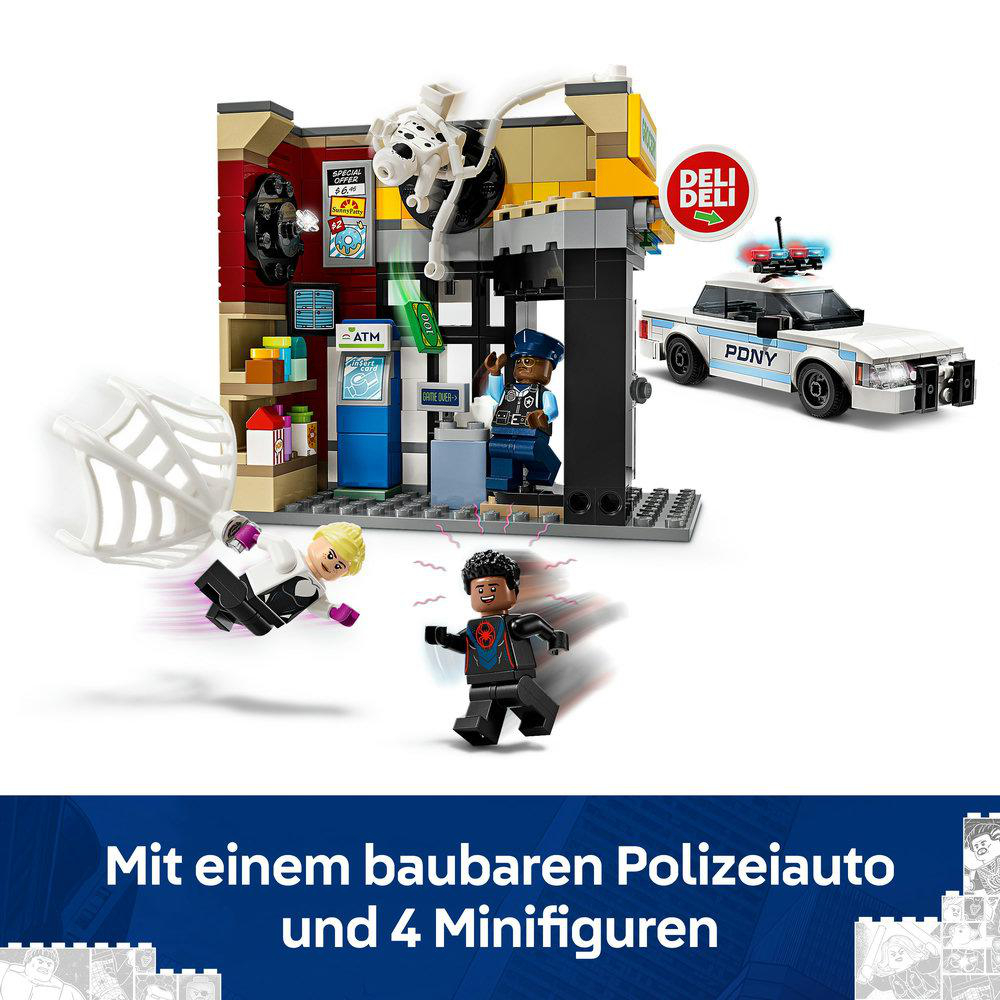 Ein LEGO-Set mit Figuren, einem Polizeiauto und einem Feinkostladen, mit Spider-Man-Elementen.