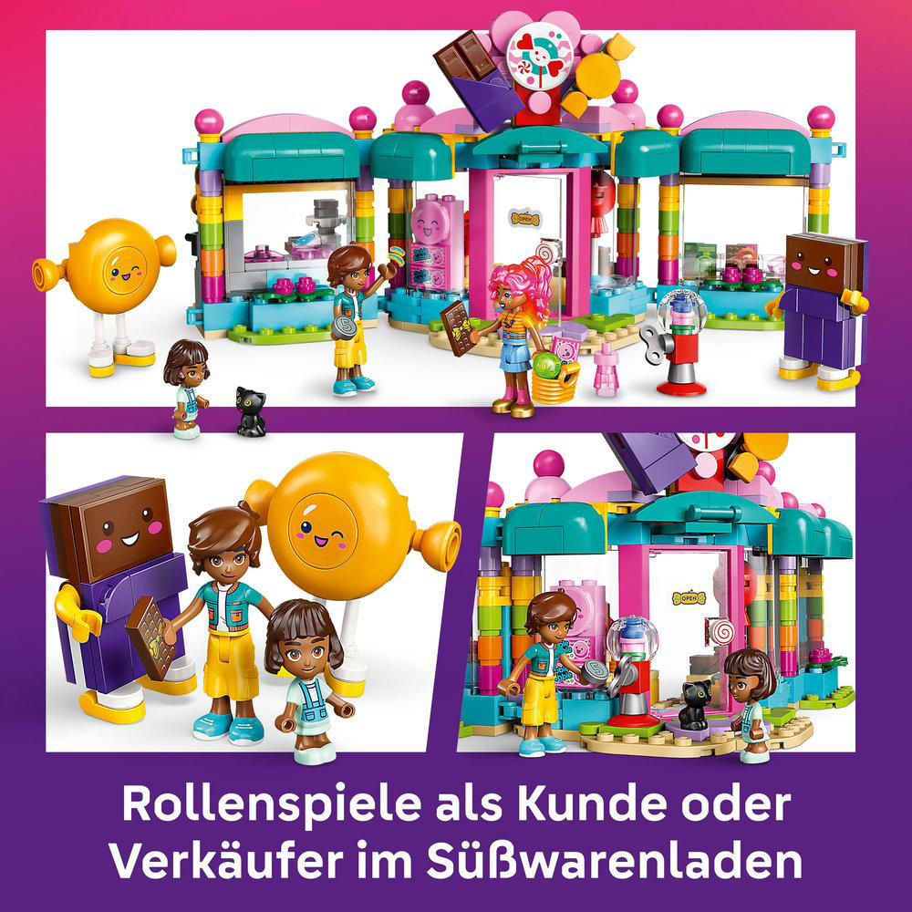 LEGO-Set mit einer Süßwarenladen-Szene. Figuren spielen als Kunden und Ladenbesitzer.