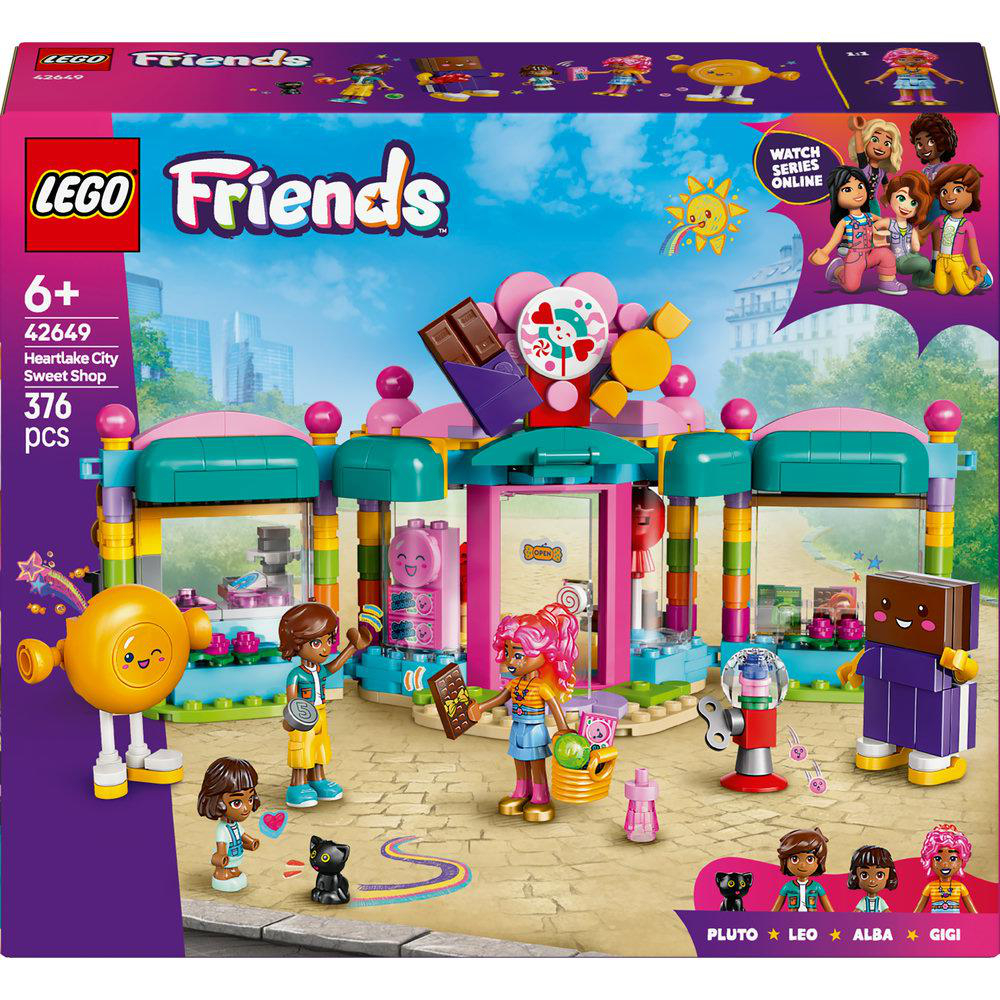 Eine LEGO Friends-Set-Box mit einer Süßwarenladen-Szene und verschiedenen Minifiguren.