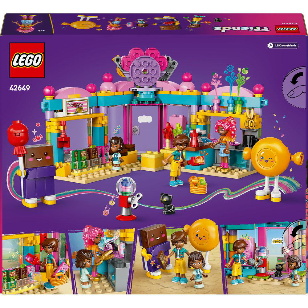 Die Rückseite eines LEGO Friends Box-Sets mit einem Gebäude mit mehreren Charakteren.