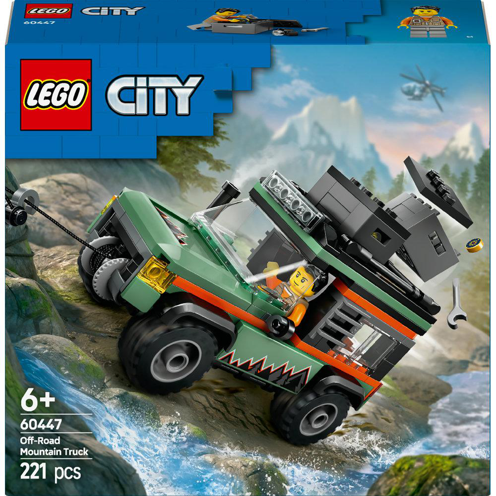Lego-Set mit einem grünen Geländewagen in einer Box.