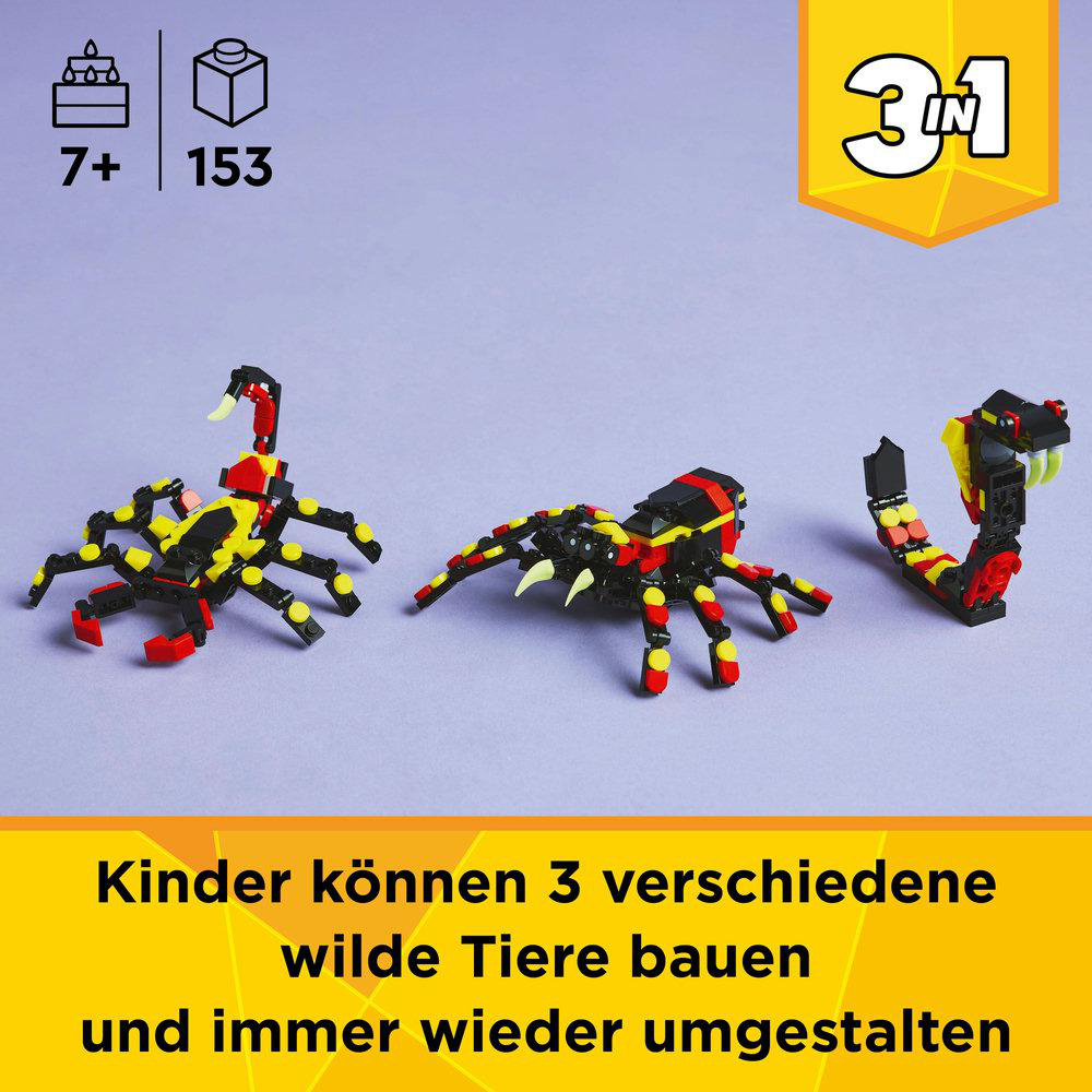 Drei kleine LEGO-Tierfiguren in verschiedenen Konfigurationen: Skorpion, Spinne, Schlange.