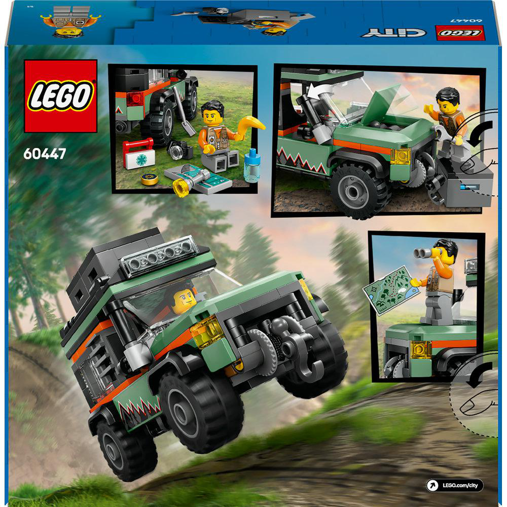 Die Box eines LEGO City Sets mit einem Geländewagen und Minifiguren in einem Wald.