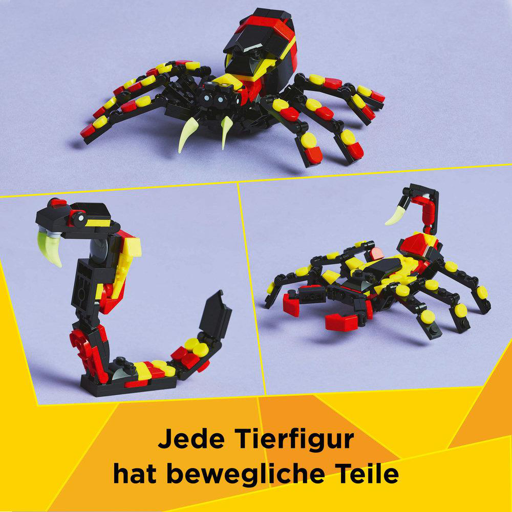 Drei LEGO-Tierfiguren in verschiedenen Formen: eine Spinne, eine Schlange und ein Skorpion.