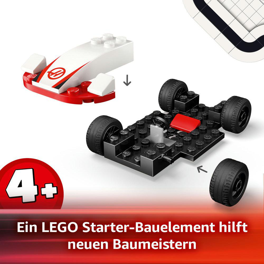 LEGO-Spielzeugauto mit zusammengebauten Teilen neben einem roten Kreis mit der Nummer 4+.