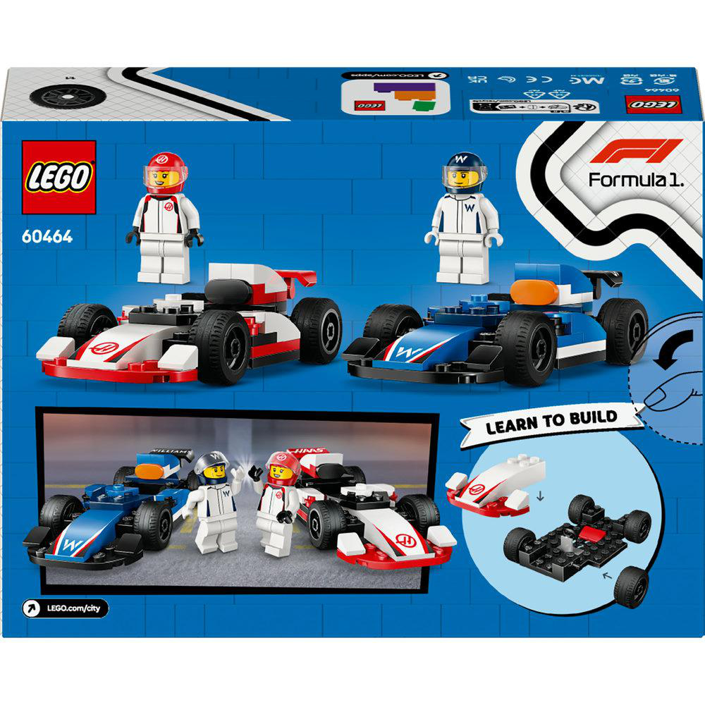 Rückseite einer LEGO-Box mit zwei Rennwagen und Minifiguren.