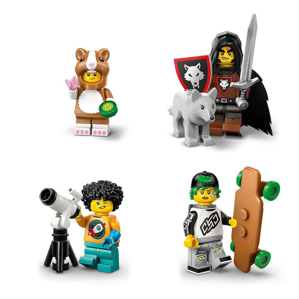 Vier Lego-Minifiguren: Hamsteranzug, Ritter, Skater und Wissenschaftler mit Teleskop.