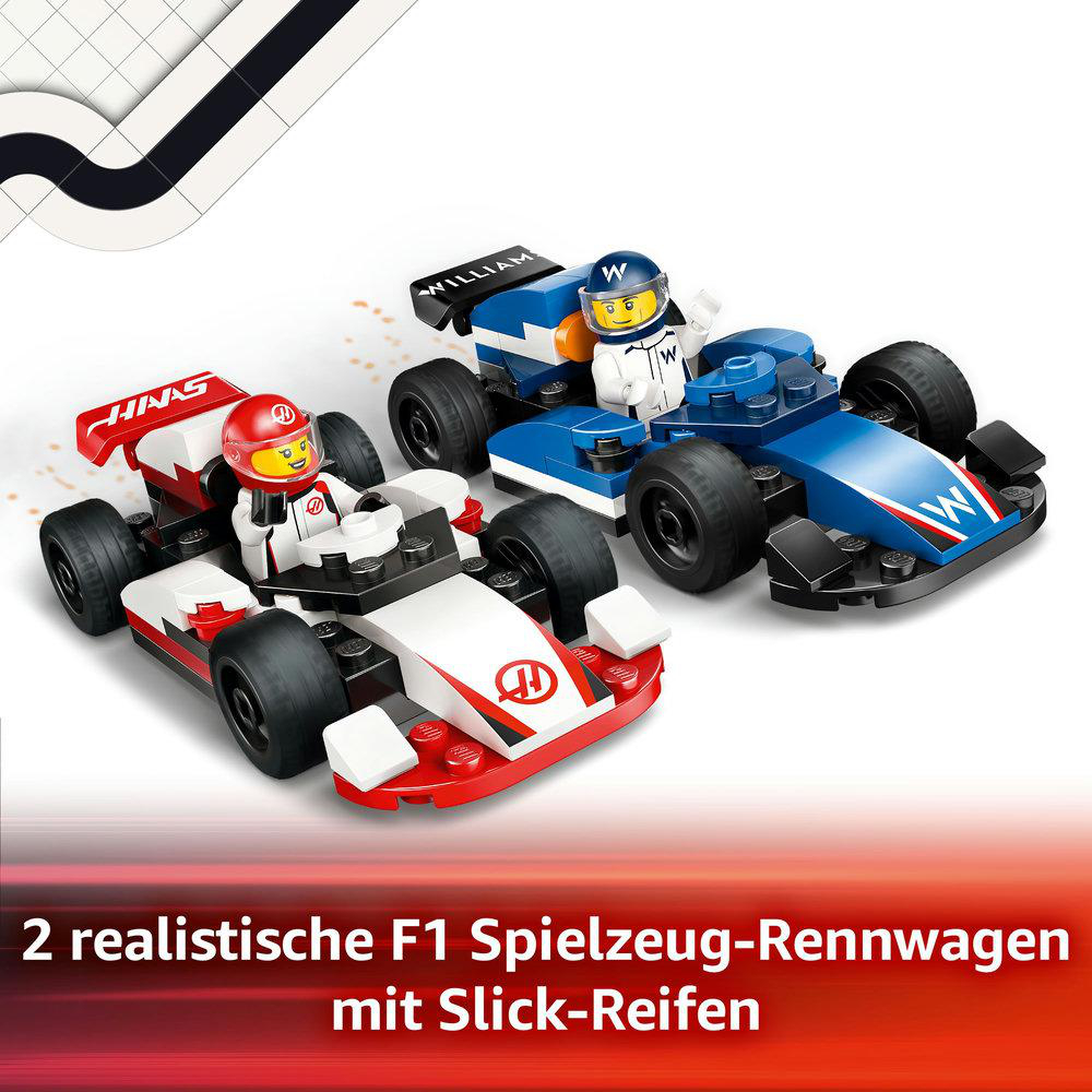 Zwei Lego F1-Rennwagen: rot-weiß Haas, blau-weiß Williams, mit Fahrern.