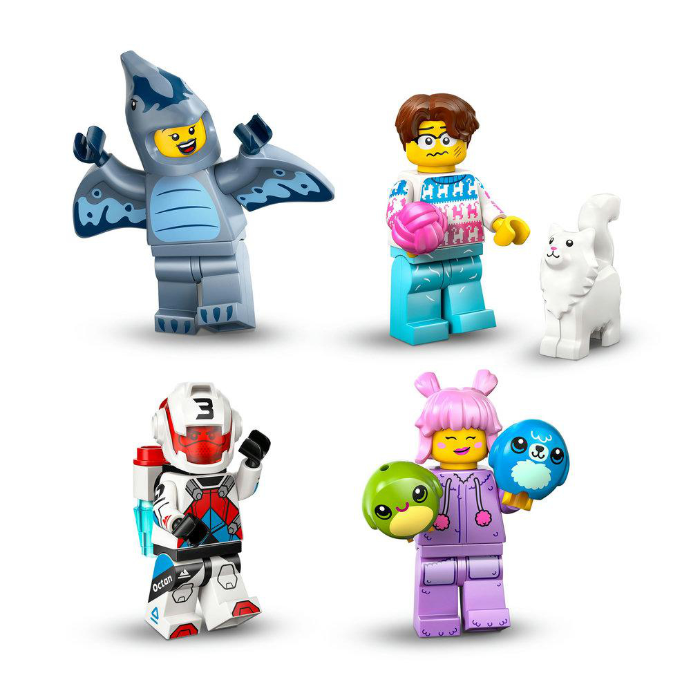 Vier Lego-Minifiguren: Pterodaktylus, Mann mit Ball, Katze und Roboter.