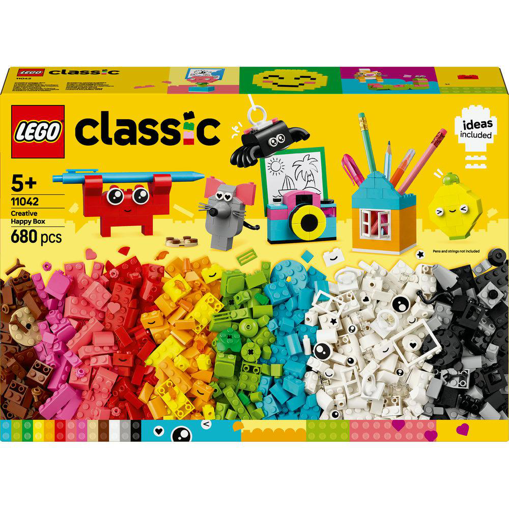 LEGO Classic Box mit verschiedenen bunten Steinen und gebauten Beispielen.