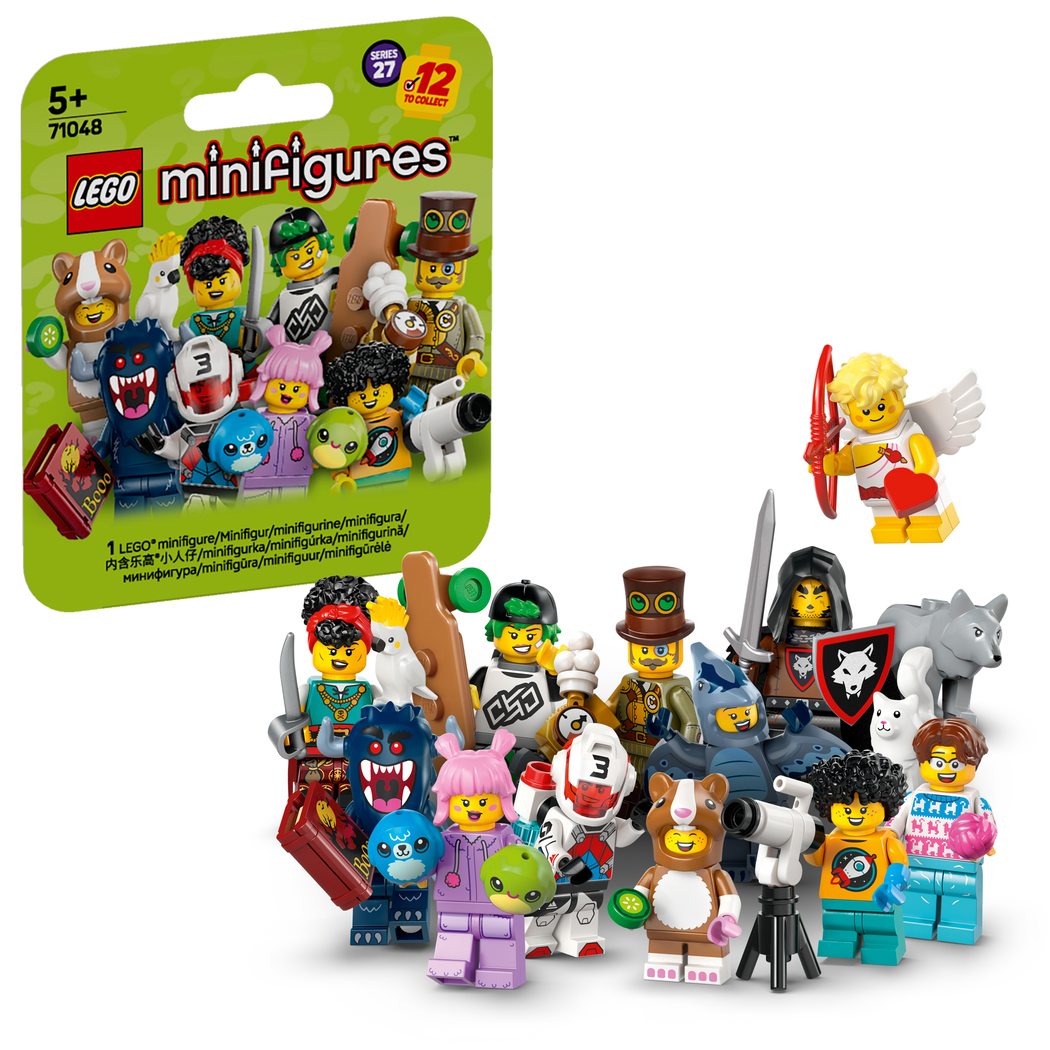Eine Packung Lego-Minifiguren, mit mehreren sichtbaren Figuren, darunter ein Amor.