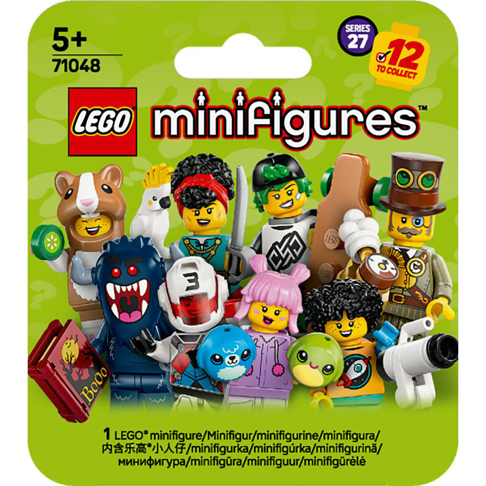 Lego Minifiguren-Box mit verschiedenen Figuren, Serie 27, 12 zum Sammeln, auf grünem Hintergrund.