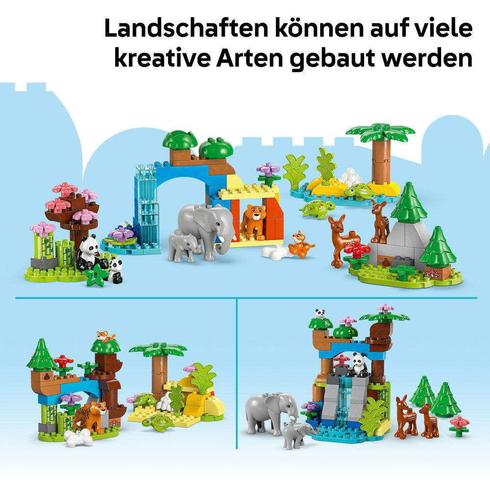 Eine Lego-Box mit Tieren und Umgebungen. Tiere sind Pandas, Elefanten und Tiger, 3 in 1.