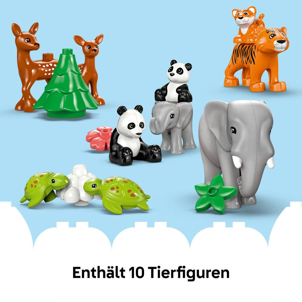 LEGO Duplo Tierfiguren, darunter Rehe, Pandas und Elefanten.