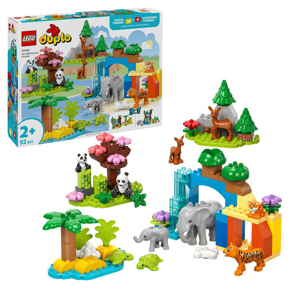 Lego Duplo Wildtier-Set. Enthält Tierfiguren, Bäume und einen Wasserfall.