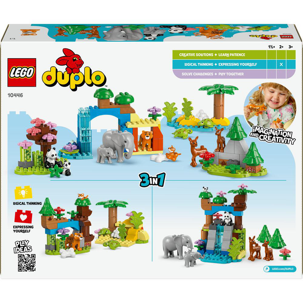 Eine Lego Duplo-Box zeigt ein 3-in-1-Set mit Tieren und einem Mädchen, das mit Blöcken spielt.