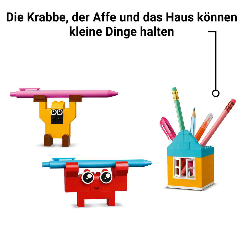 LEGO-Modelle von Stiften, Krebsen, einem Affen und einem Haus werden gezeigt, mit Text über das Halten kleiner Gegenstände.