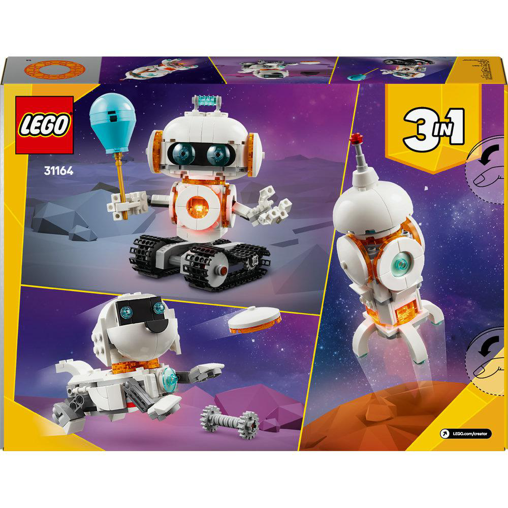Lego-Box mit 3 verschiedenen Weltraumrobotern, Weltraumhintergrund und dem Lego-Logo.