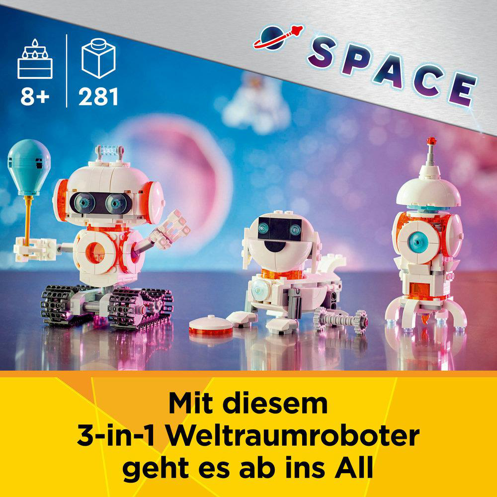 Lego Weltraumroboter: ein Roboter mit Ballon, ein Roboterhund und ein Raketenroboter.