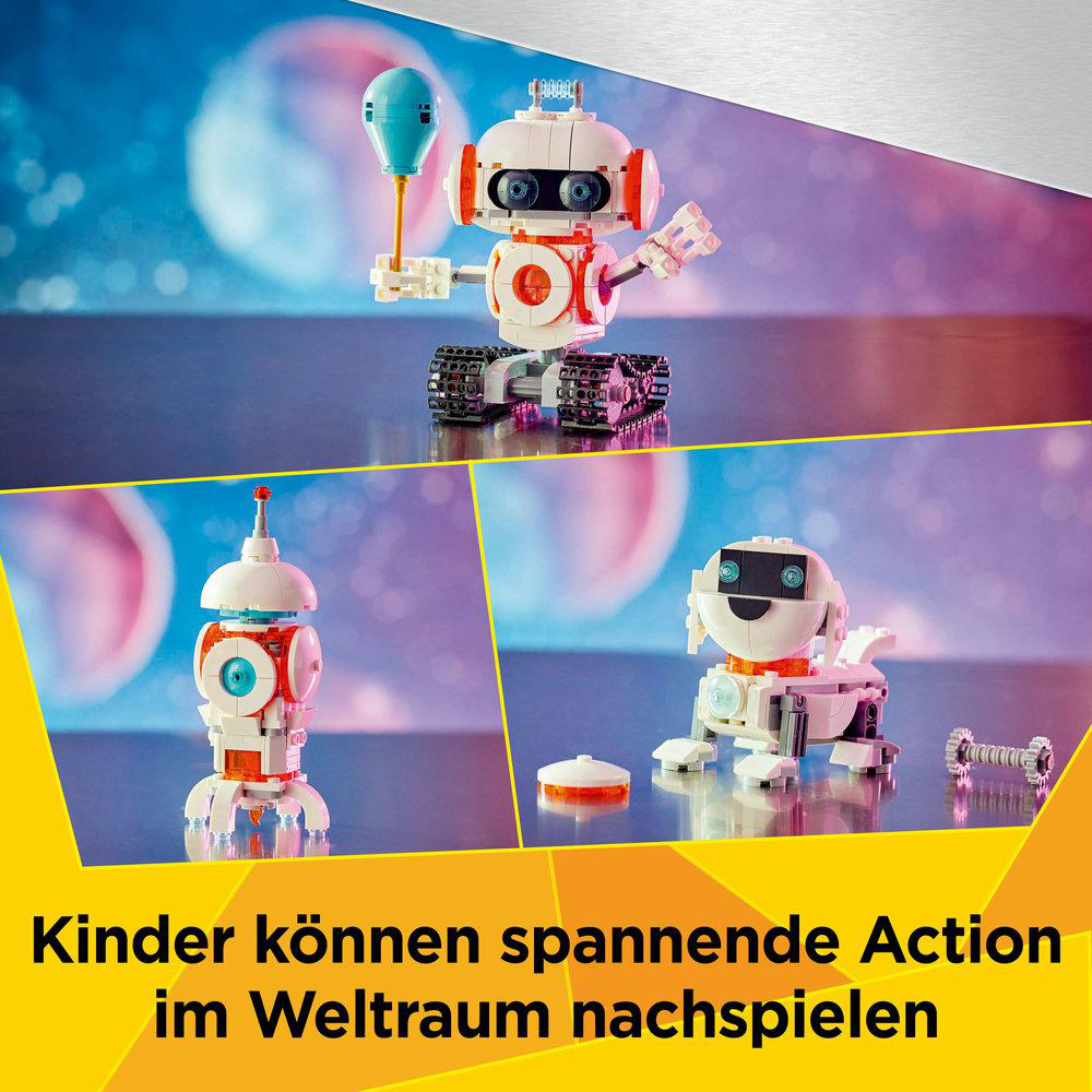 Drei LEGO-Roboter in einer Weltraumszene, mit einem Text des Kindes darunter.