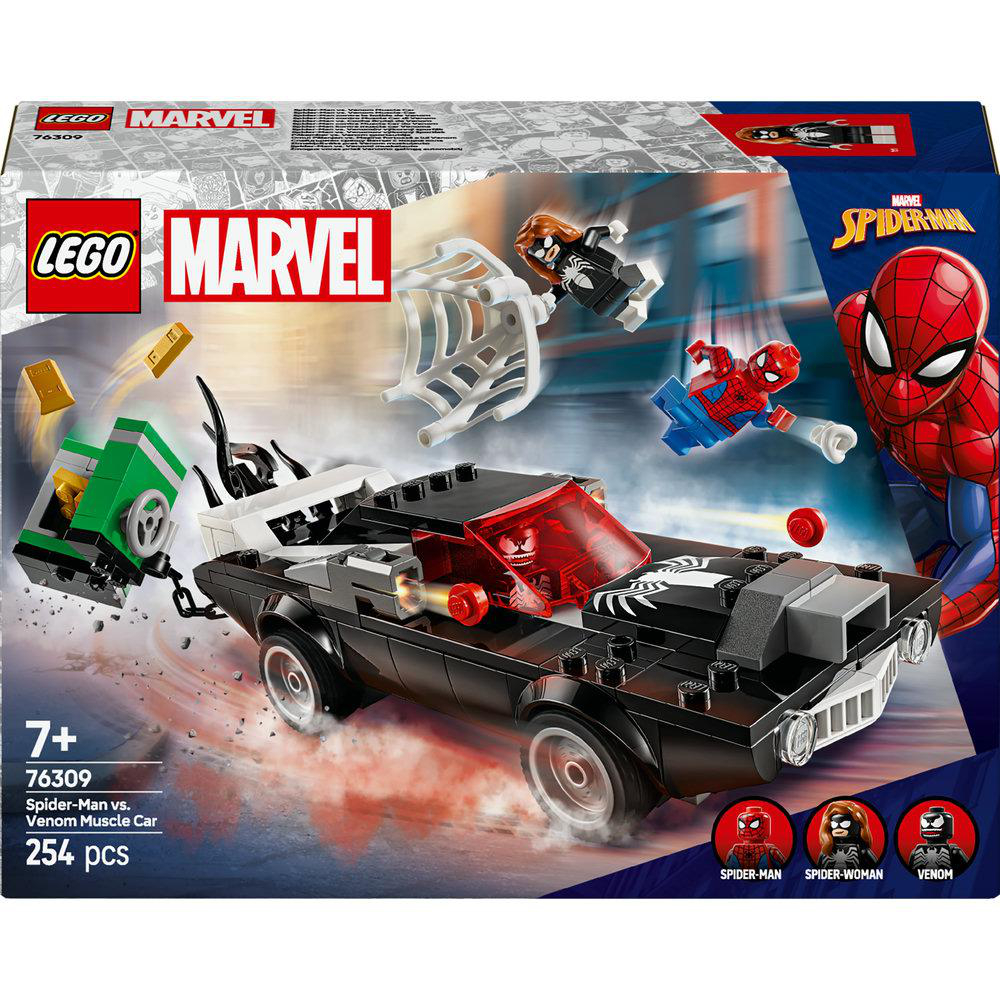 Lego Marvel Spiderman vs. Venom Muscle Car Set mit Figuren und einer Hintergrundszene.