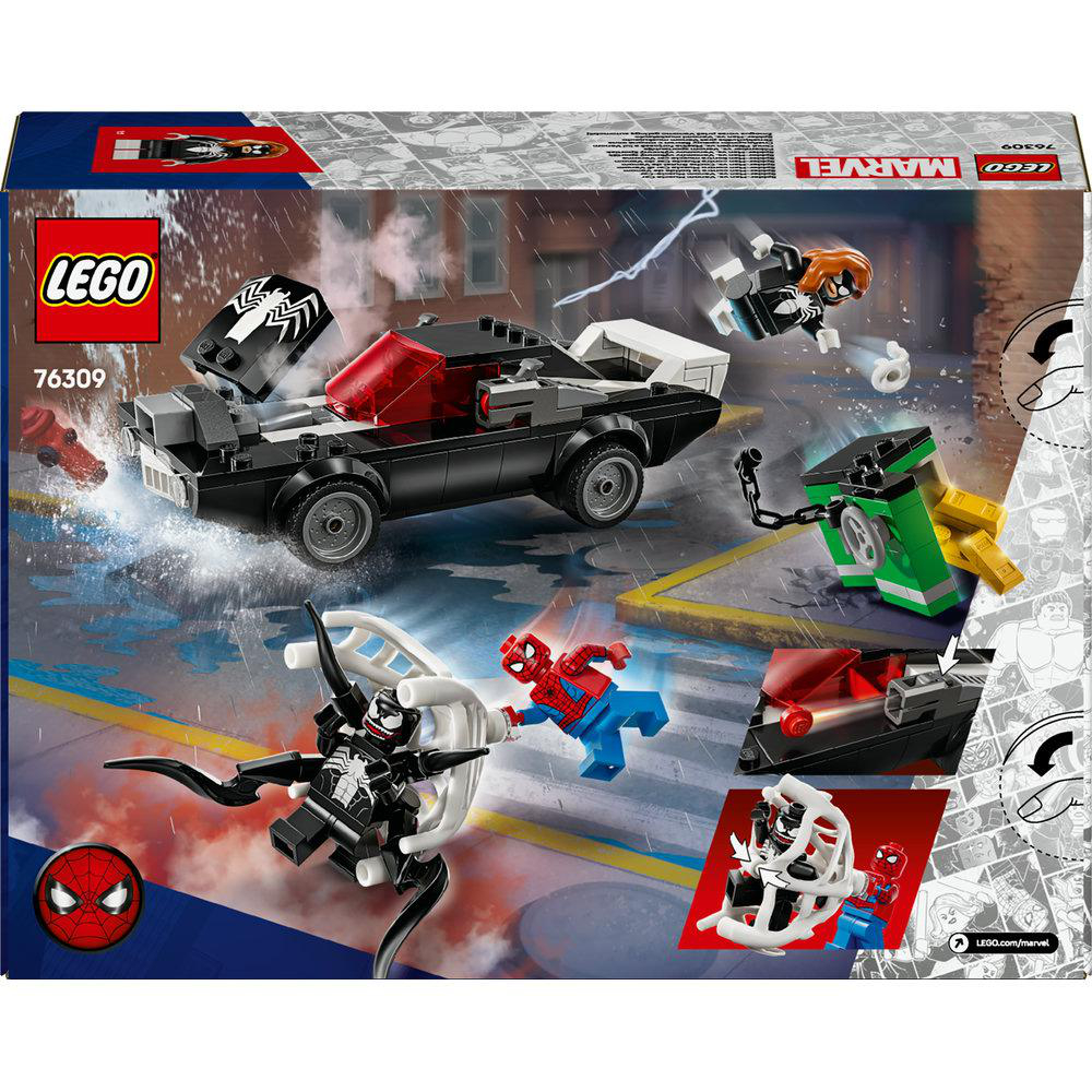 LEGO-Set-Box mit einem schwarzen Auto mit Spider-Man- und Venom-Actionfiguren.