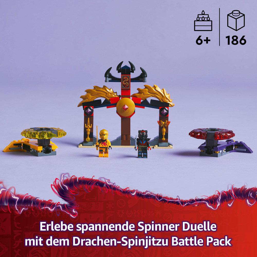 Lego Ninjago Set mit Figuren und einem Tempel. Der Text lautet "Erlebe spannende Spinner Duelle...".