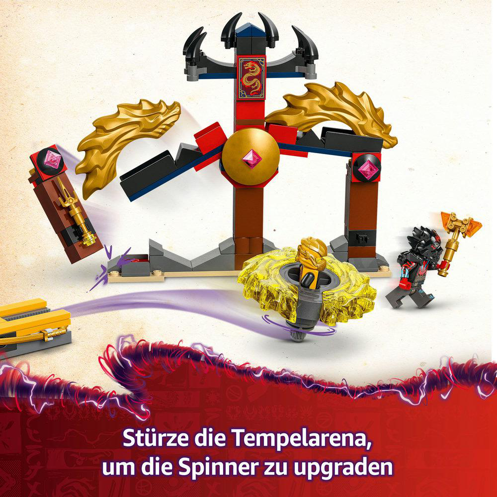 Lego-Set mit einer Drachen-Arena. Eine Minifigur hält einen Hammer.