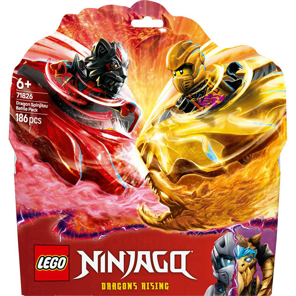 LEGO Ninjago Box mit zwei kämpfenden Figuren, Feuereffekten und Text. Enthält 186 Teile.