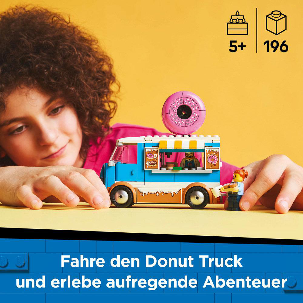 Ein Kind baut einen Lego-Donut-Truck. Text: 'Fahre den Donut Truck und erlebe aufregende Abenteuer'.