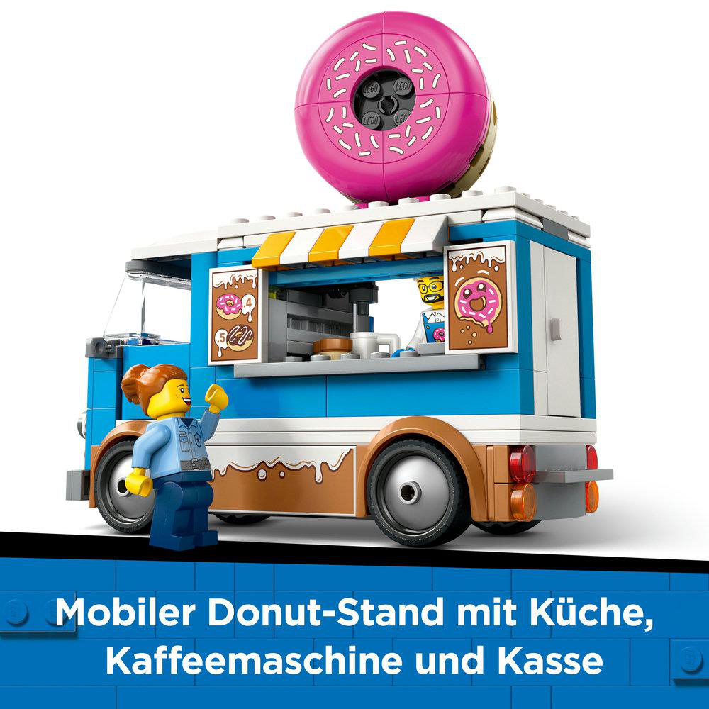 Lego Donut-Stand-Foodtruck mit riesigem pinkfarbenen Donut oben und einer Frauenfigur.
