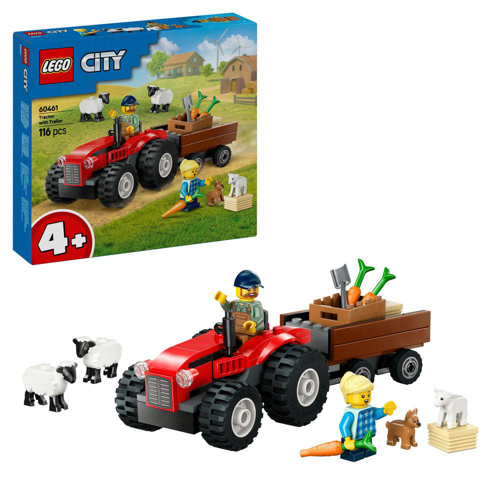 Lego City Set. Roter Traktor mit Anhänger, Lego-Figuren, Schafe und ein Hund. Grünes Gras und blauer Himmel.