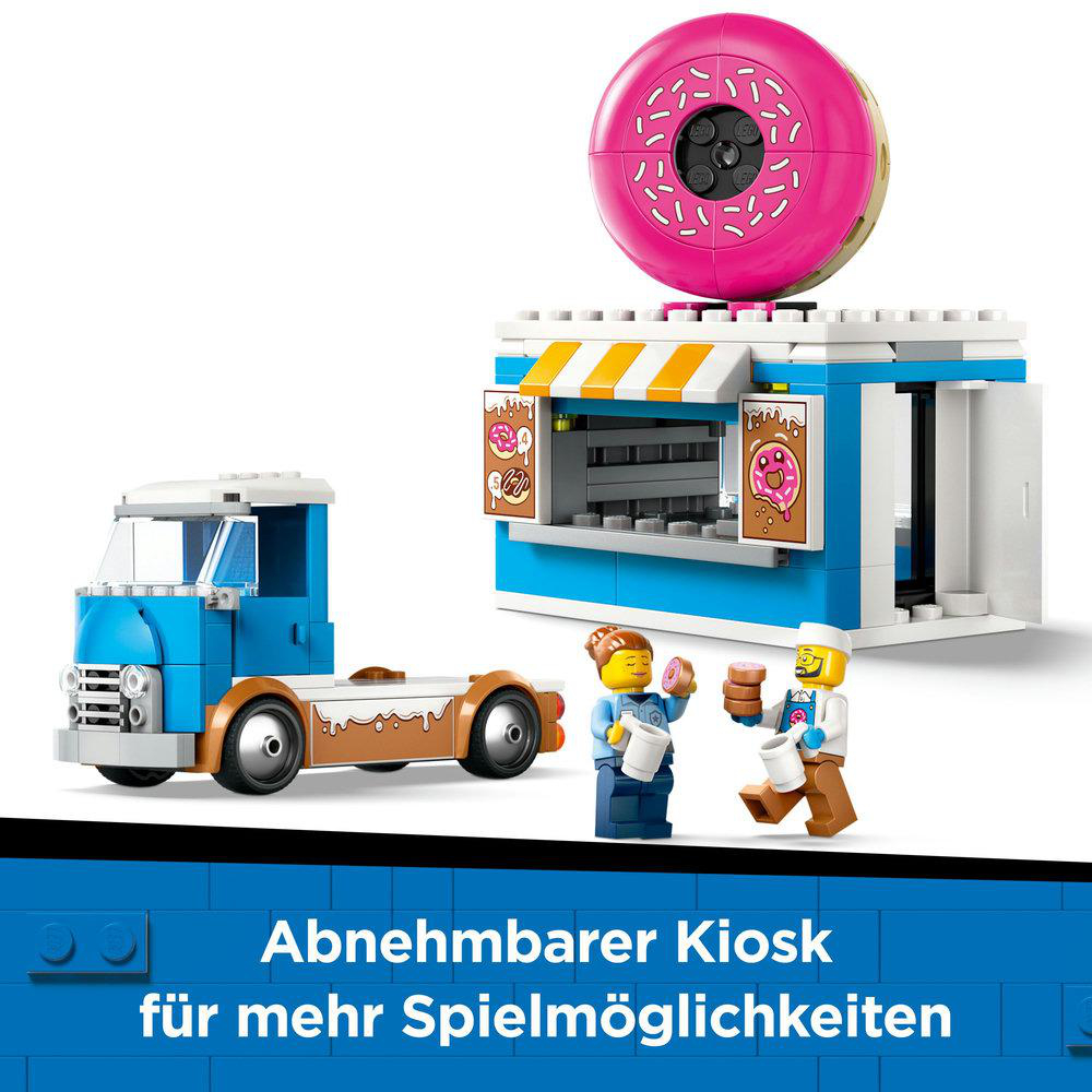 Lego-Set: Donut-Shop mit blau-weißem Truck. Zwei Lego-Figuren und ein riesiger Donut.