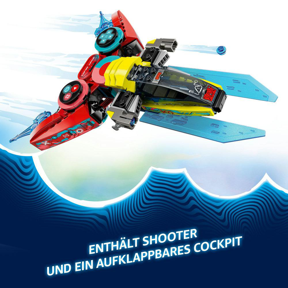 Ein Lego-Jet mit roten und gelben Details, blaue Flügel. Ein Spielzeug-Jet.