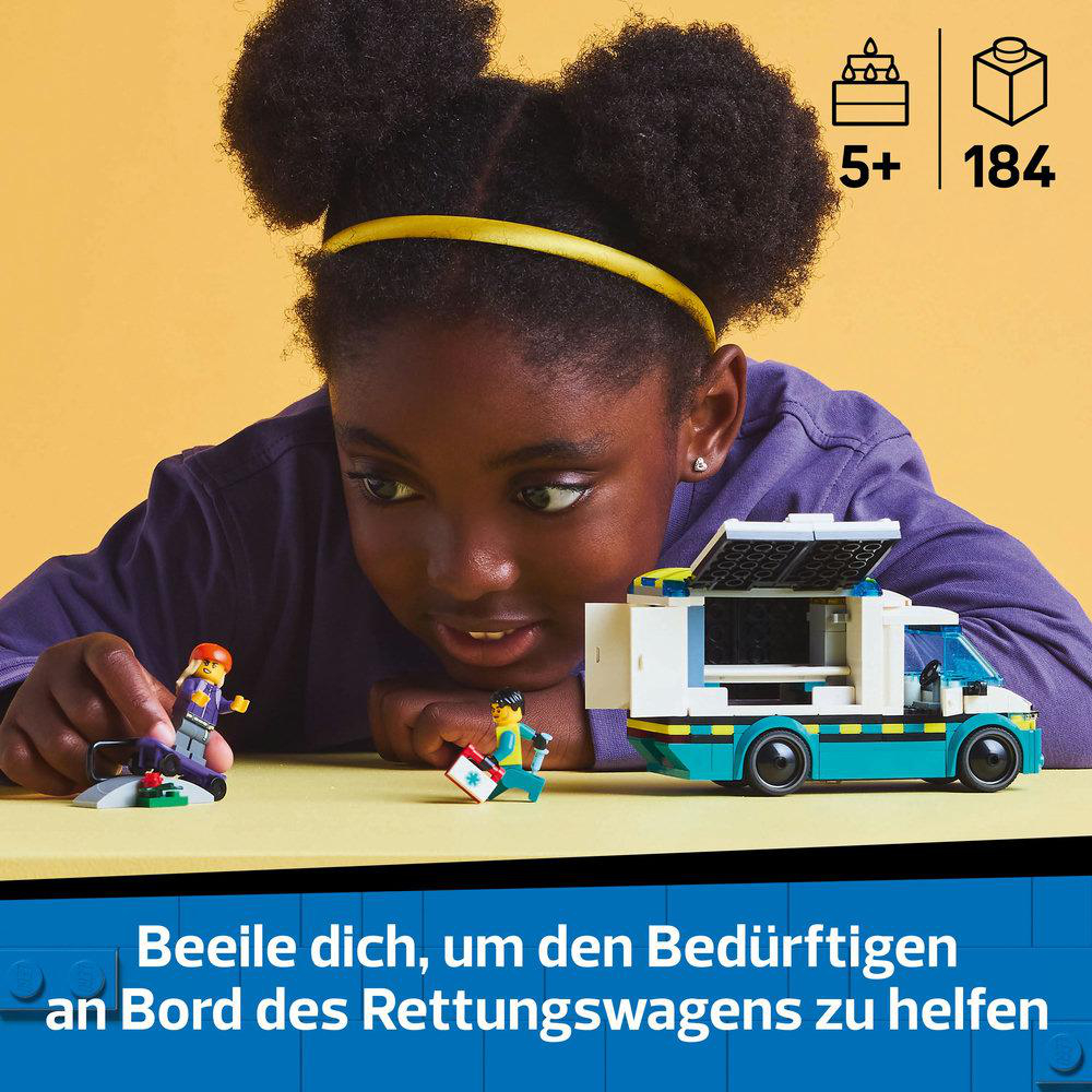 Zwei Kinder in einer LEGO-Szene mit einem Krankenwagen und einem Text des Kindes darunter.