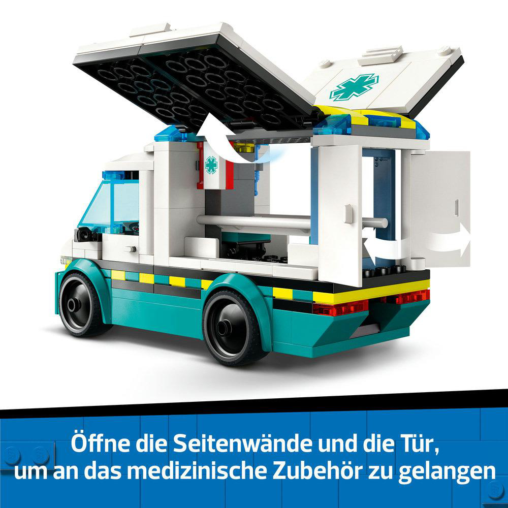 Ein Krankenwagen-LEGO-Set geöffnet, Innenraum und Zubehör zeigend. Weiße, teal- und gelbe Farben.