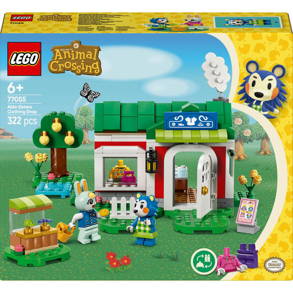 Ein Lego Animal Crossing Set. Enthält Haus, Charaktere und Zubehör. Ein Schmetterling fliegt über der Szene.