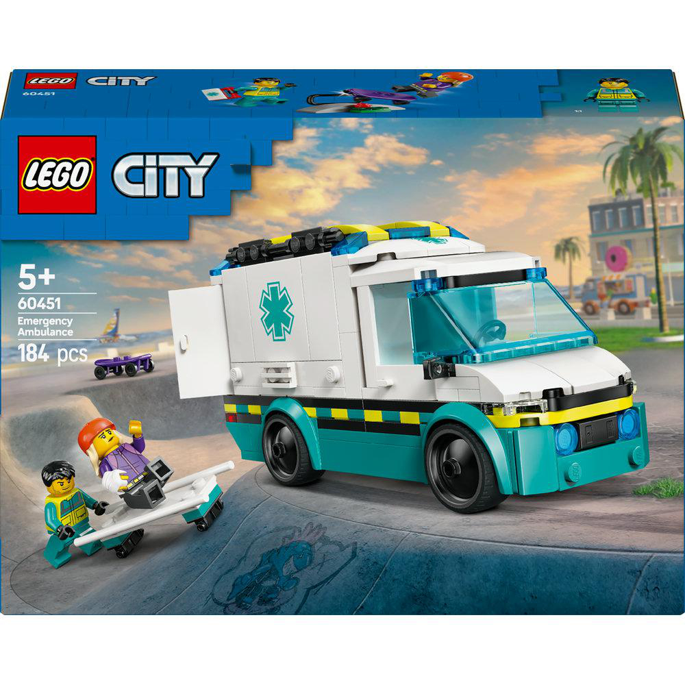 Ein Lego City Notfall-Ambulanz-Set. Das Set enthält einen Krankenwagen, Figuren und eine Skate-Rampe.