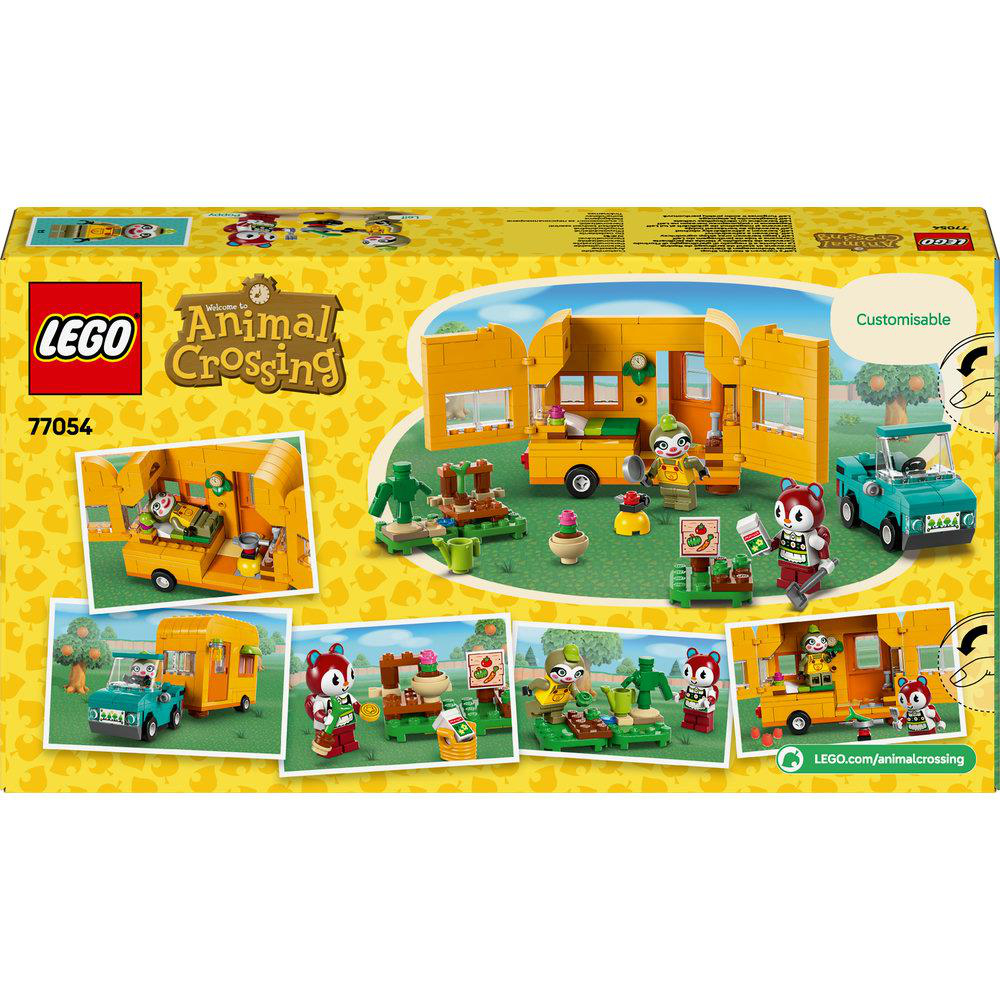LEGO Animal Crossing Set-Box mit mehreren Szenen, darunter ein Camper und Figuren, mit gelbem Hintergrund.