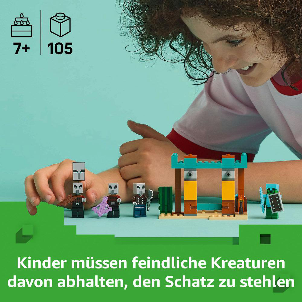 Minecraft Lego-Set mit Figuren und Struktur. Ein Kind lächelt in der oberen rechten Ecke.