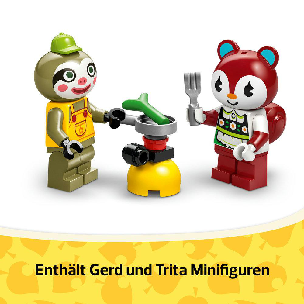 Zwei Lego-Figuren: ein Faultier mit Latzhose und ein Eichhörnchen mit einer Gabel, und ein gelber Kocher.