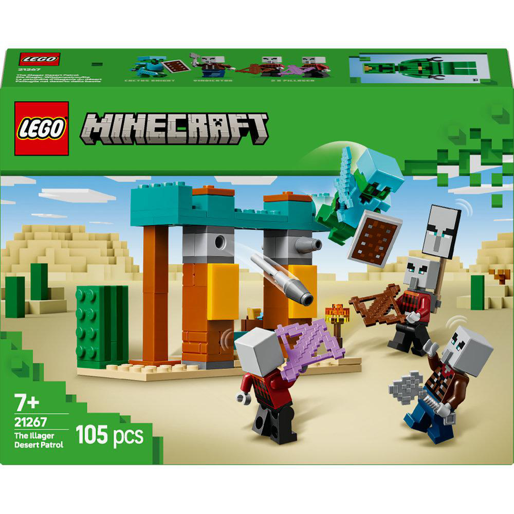 Lego Minecraft Set-Box, die das Set zeigt. Wüstenszene mit Figuren und Struktur.
