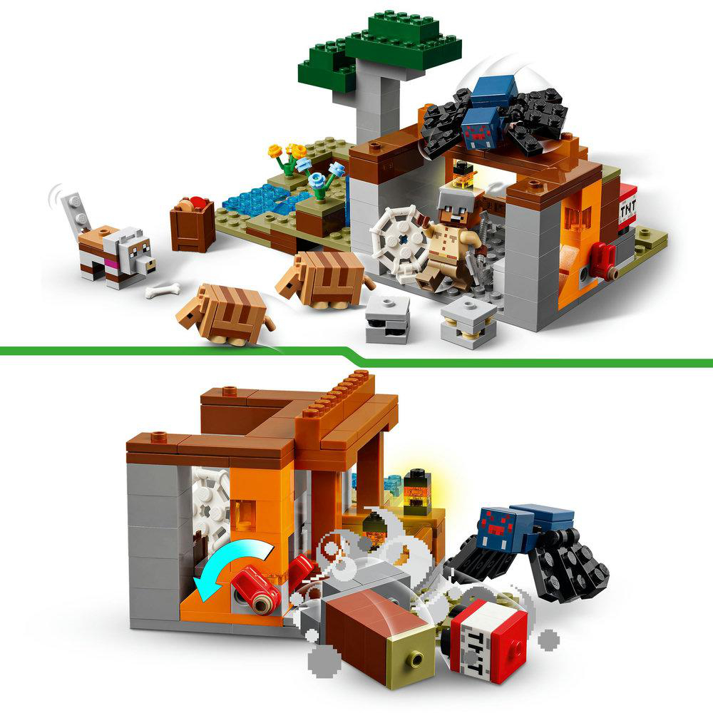 Zwei LEGO Minecraft Szenen: ein Wald mit Haus, Spinne und Skelett, und eine Explosion innen.
